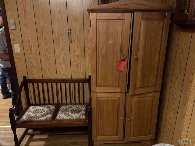 Wood bench, wood cabinet, chest& clock, #2956